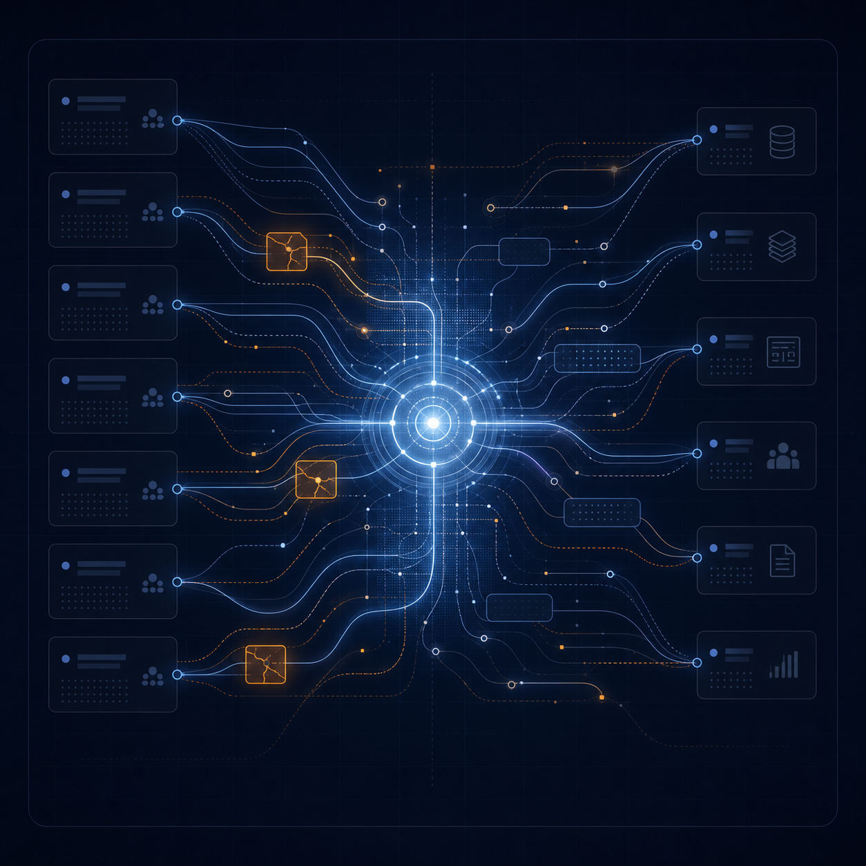 Procurement connectivity map with breaks repaired by a central layer